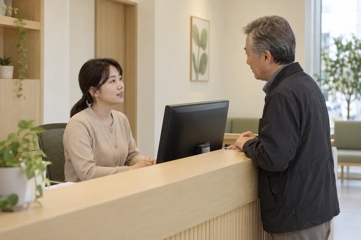 접수대 직원이 대기 중인 어르신을 바라보며 안내하는 모습