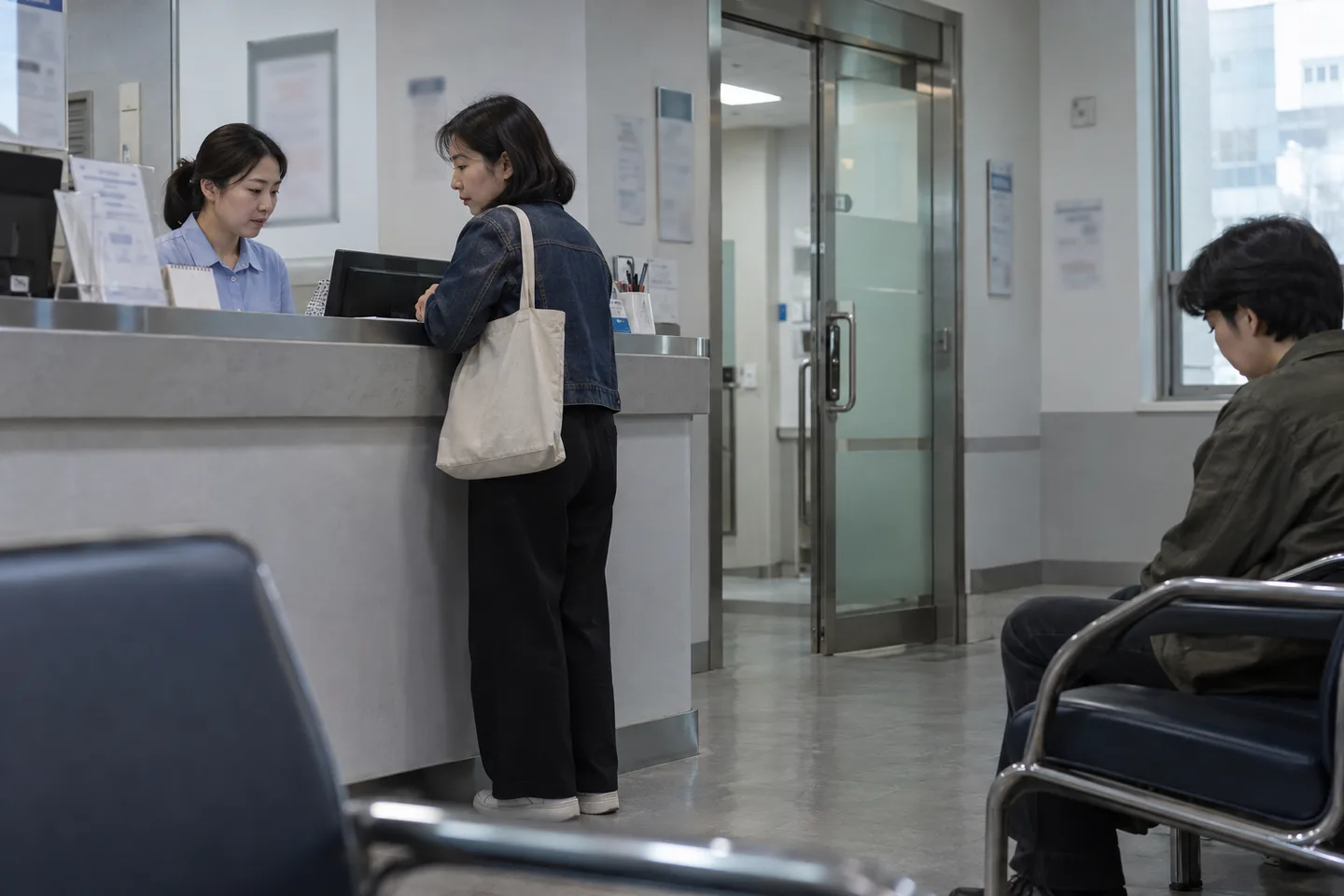 회색과 블루 톤 의원 접수대에서 대화하는 환자와 직원, 가까운 대기석의 다른 환자