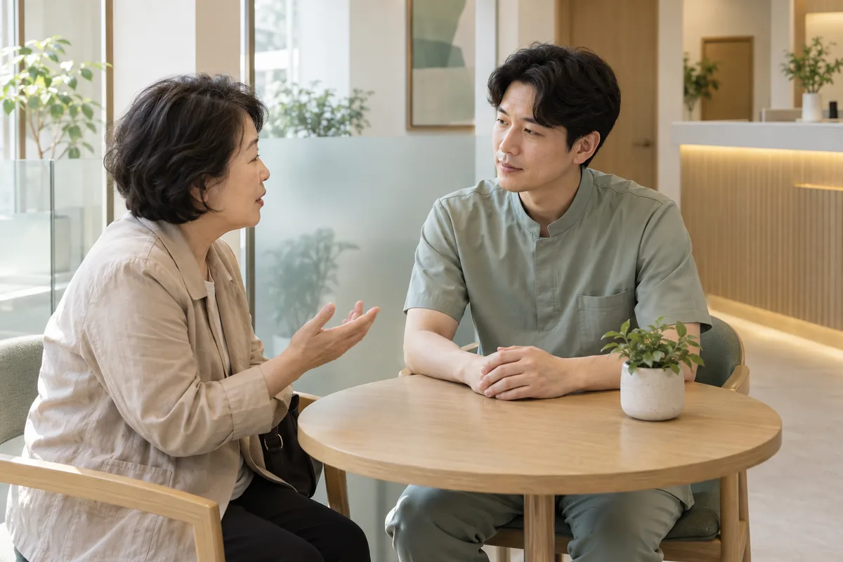 의원 접수대 옆 상담 자리에서 환자와 마주 앉아 이야기를 듣는 직원